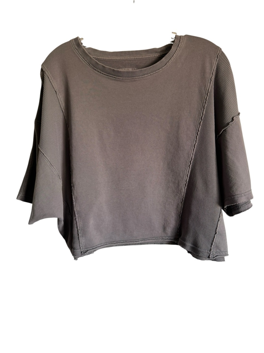 Aerie Womens Taupe Cropped Boxy T-Shirt Size Medium Relaxed Slub Knit Ribbed